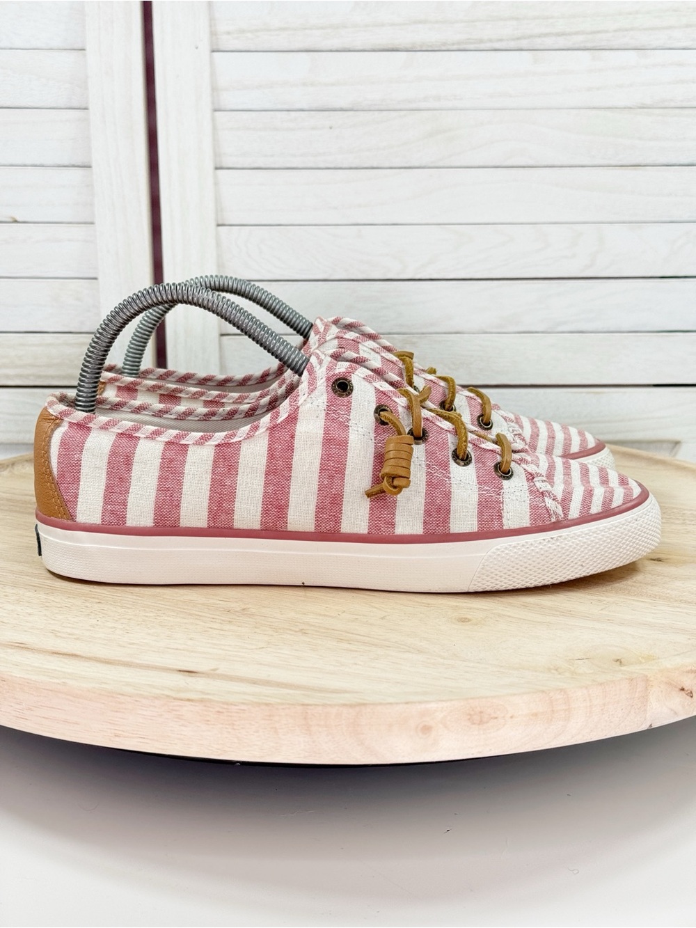 Sperry Seacoast Striped Canvas Sneakers Red White Womens 9 Preppy Nautical Boat